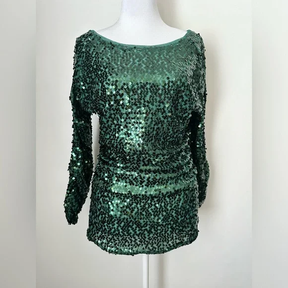 BOSTON PROPER Sequined Emerald Cold-Shoulder Blouse Top NWT Women’s Size Medium - Picture 3 of 11